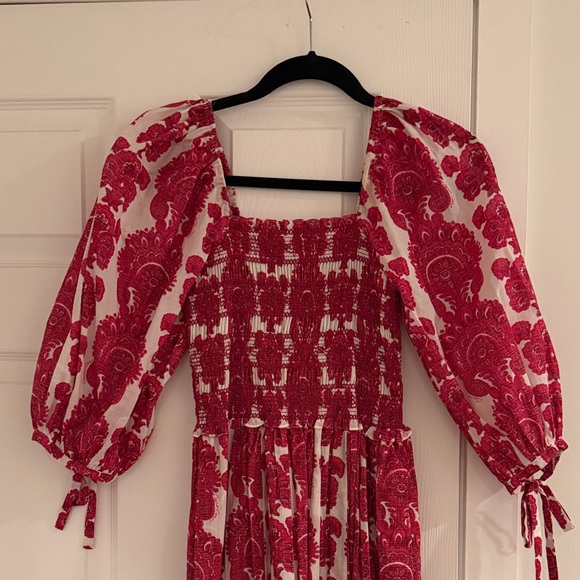 Cara Cara Red and White Floral Smocked Maxi Dress with Puff Sleeves and pockets - Picture 2 of 10